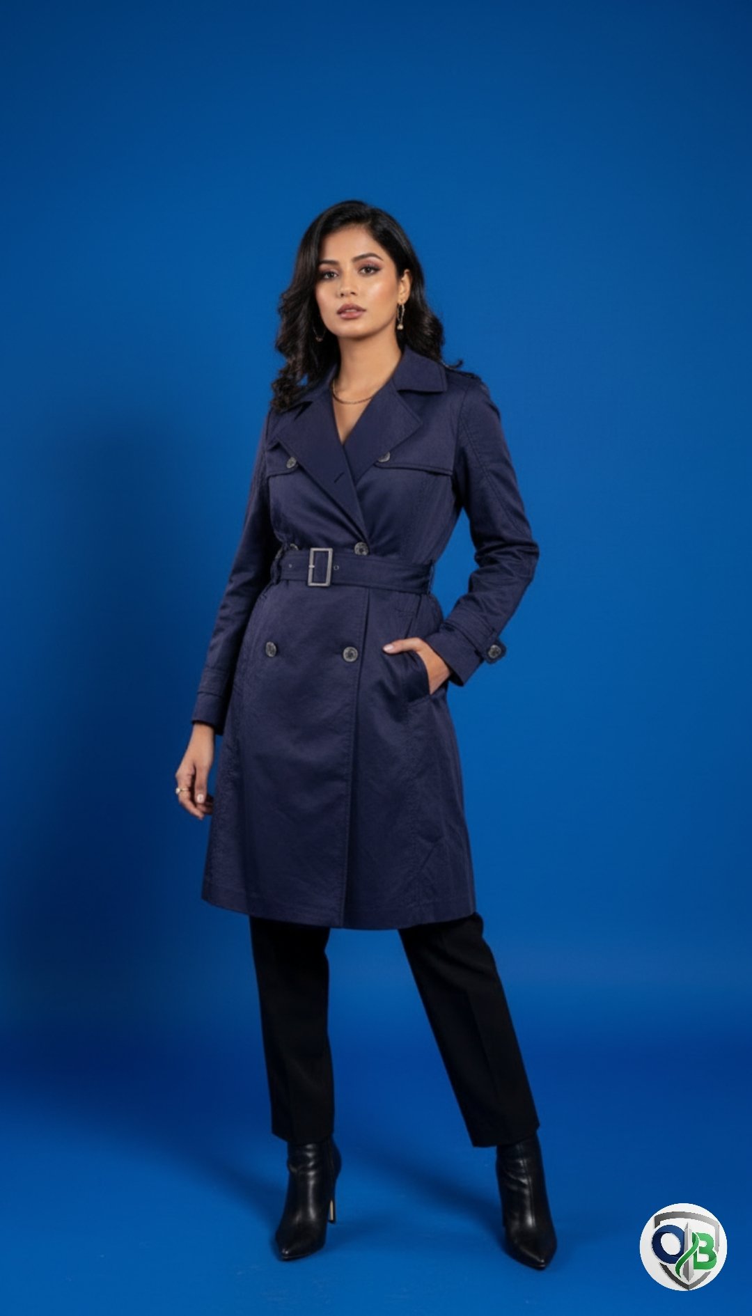 Women Navy Blue Solid Double-Breasted Longline Trench Coat - Image 2
