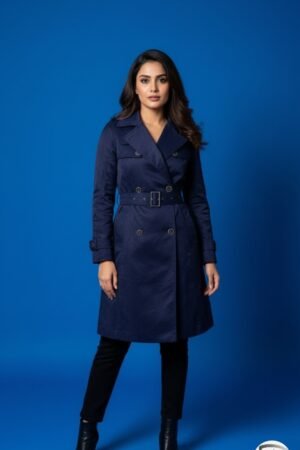Women Navy Blue Solid Double-Breasted Longline Trench Coat