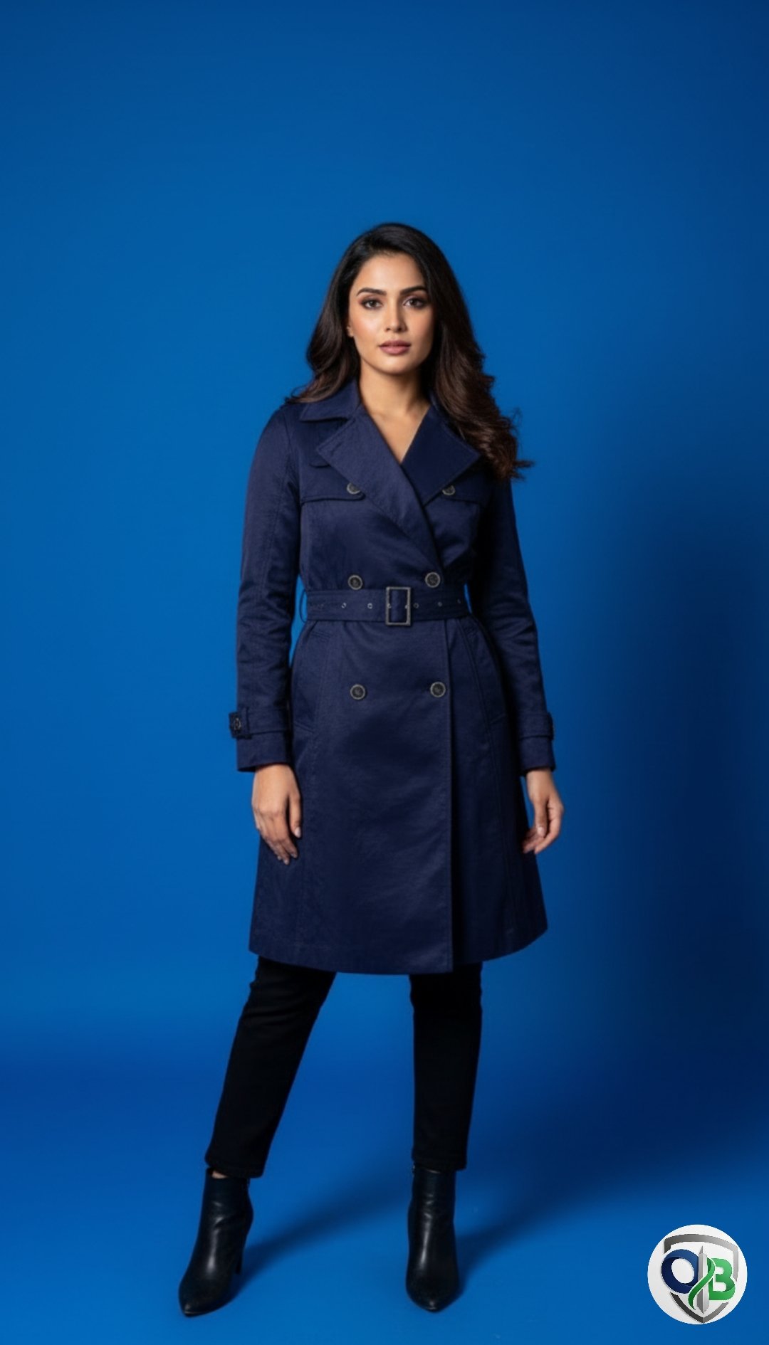 Women Navy Blue Solid Double-Breasted Longline Trench Coat