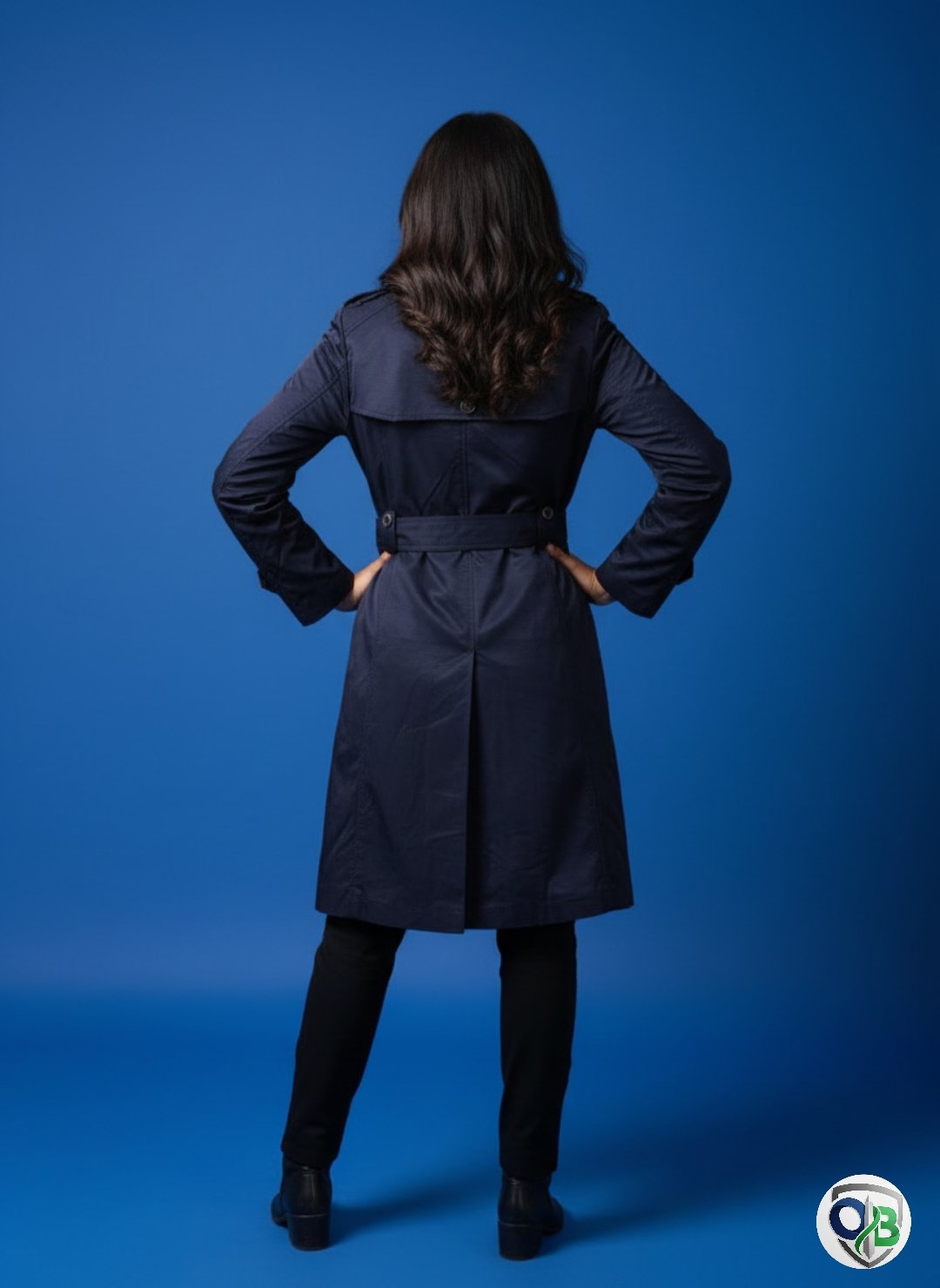 Women Navy Blue Solid Double-Breasted Longline Trench Coat - Image 3
